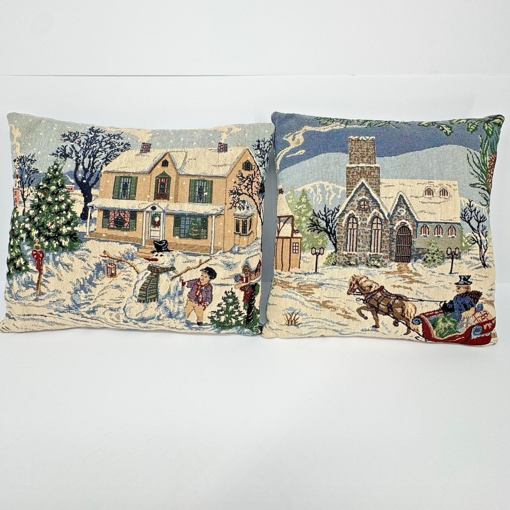 Christmas Tapestry Throw Pillow Snowman Winter Scene House Church Woven Holiday